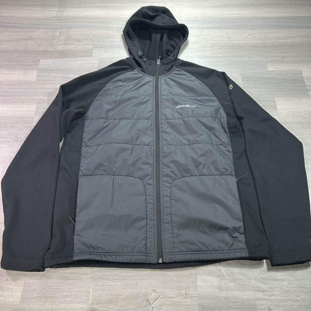 Eddie Bauer Jacket Mens LT Black Hooded Softshell Insulated Puffer Full Zip